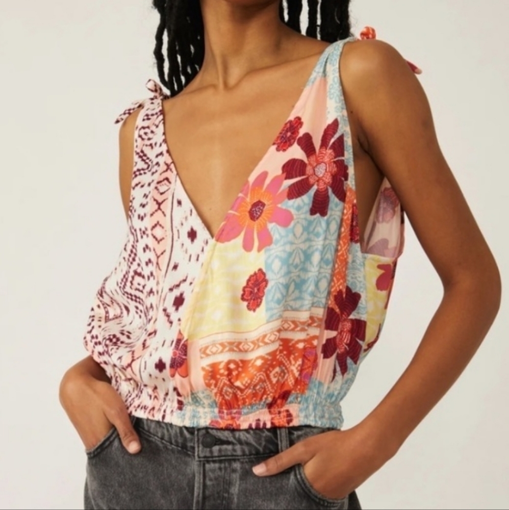 Floral Patchwork Tie-Shoulder V-Neck Women’s Top